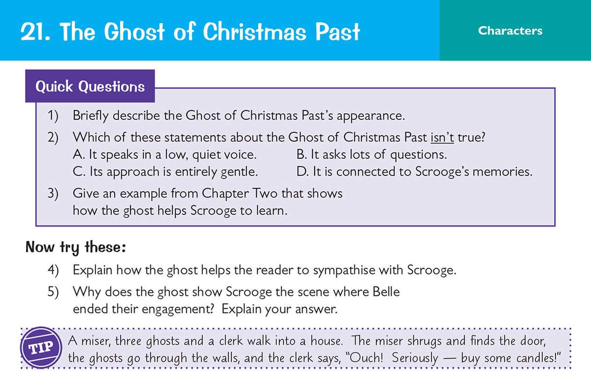 Five questions on the Ghost of Christmas Past, including a multiple-choice task and short-answer prompts requiring textual