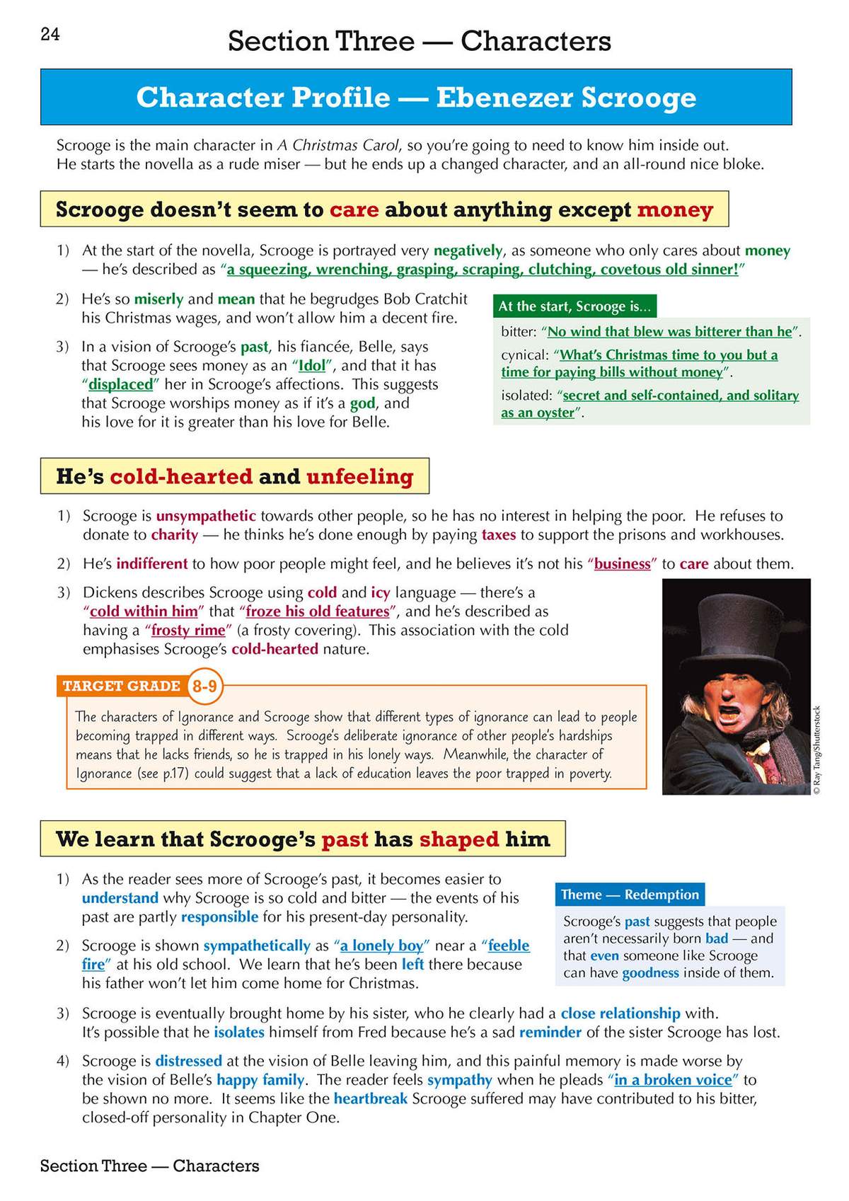 Detailed notes on Scrooge's cold-hearted nature and past, with a photograph of the character and a target grade indicator
