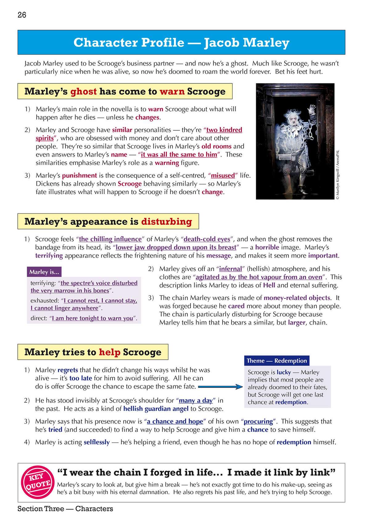 Notes on Jacob Marley's character, appearance and role as a warning figure, with a picture of the ghost