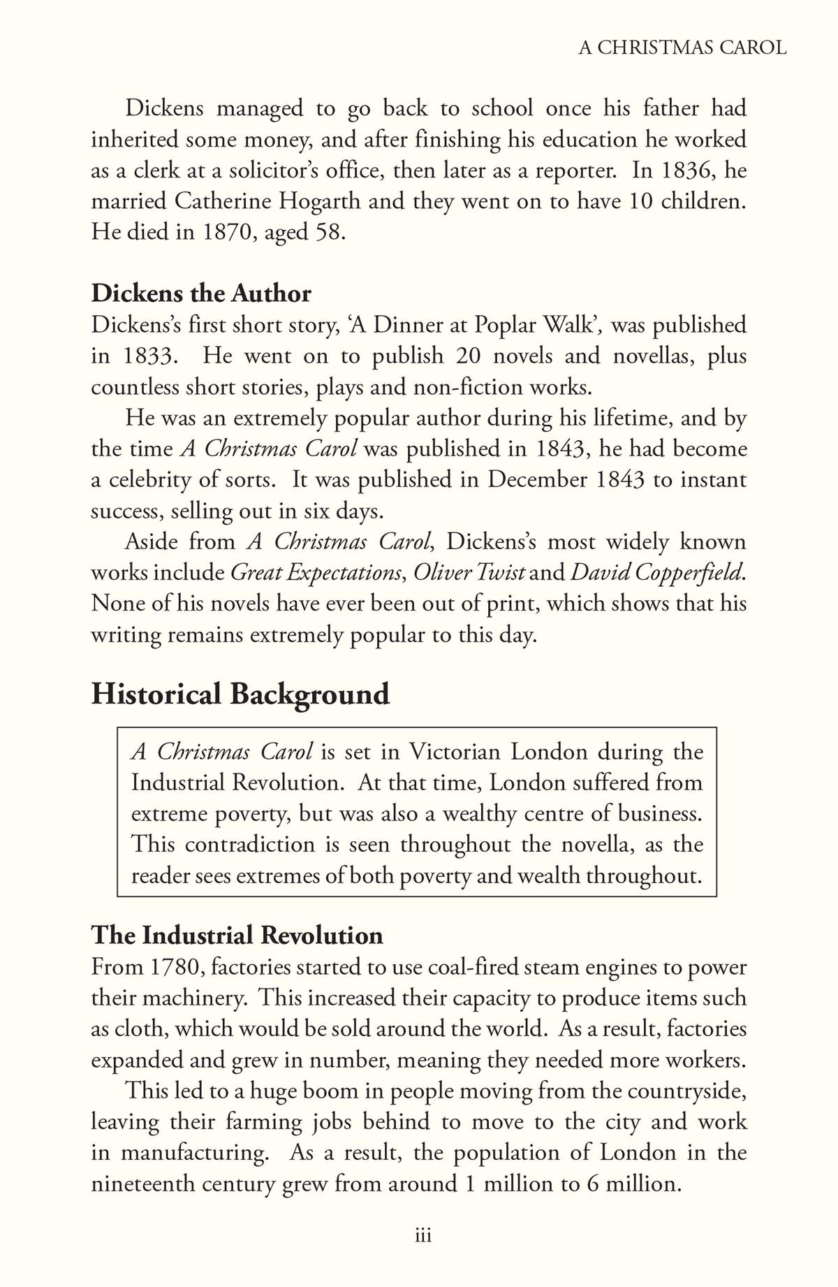 Biographical notes on Charles Dickens and historical context for A Christmas Carol, including the Industrial Revolution