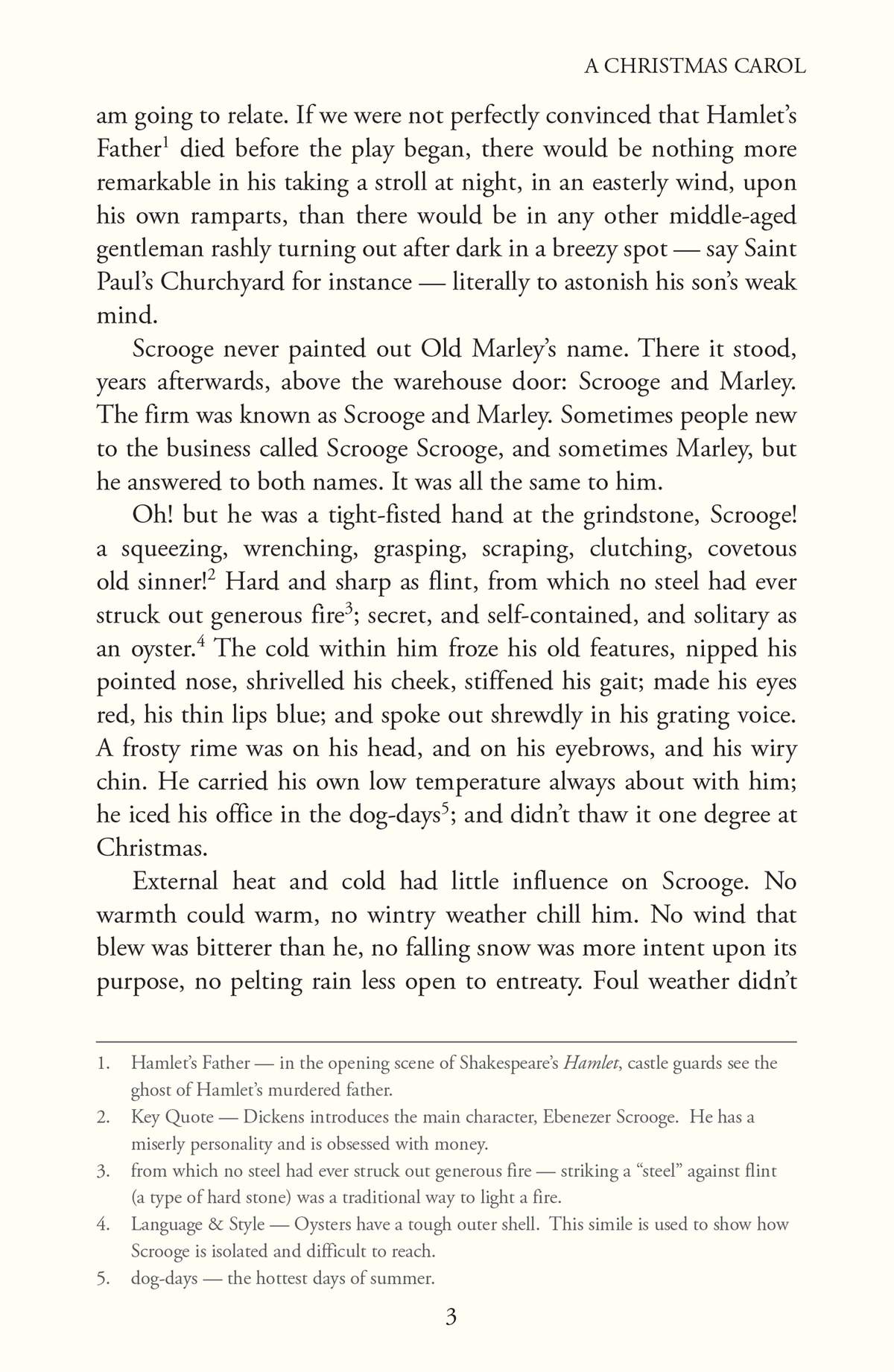 A prose passage describing Scrooge's character and appearance, with footnotes explaining references