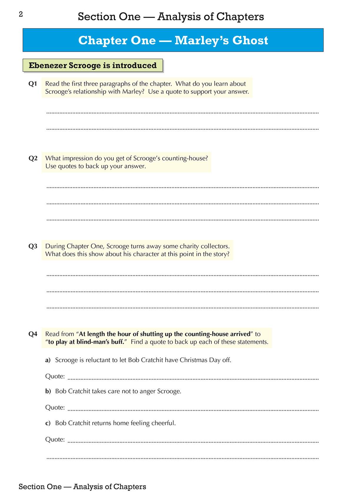 Four questions on Chapter One of A Christmas Carol, requiring short written answers and the use of direct quotes to support