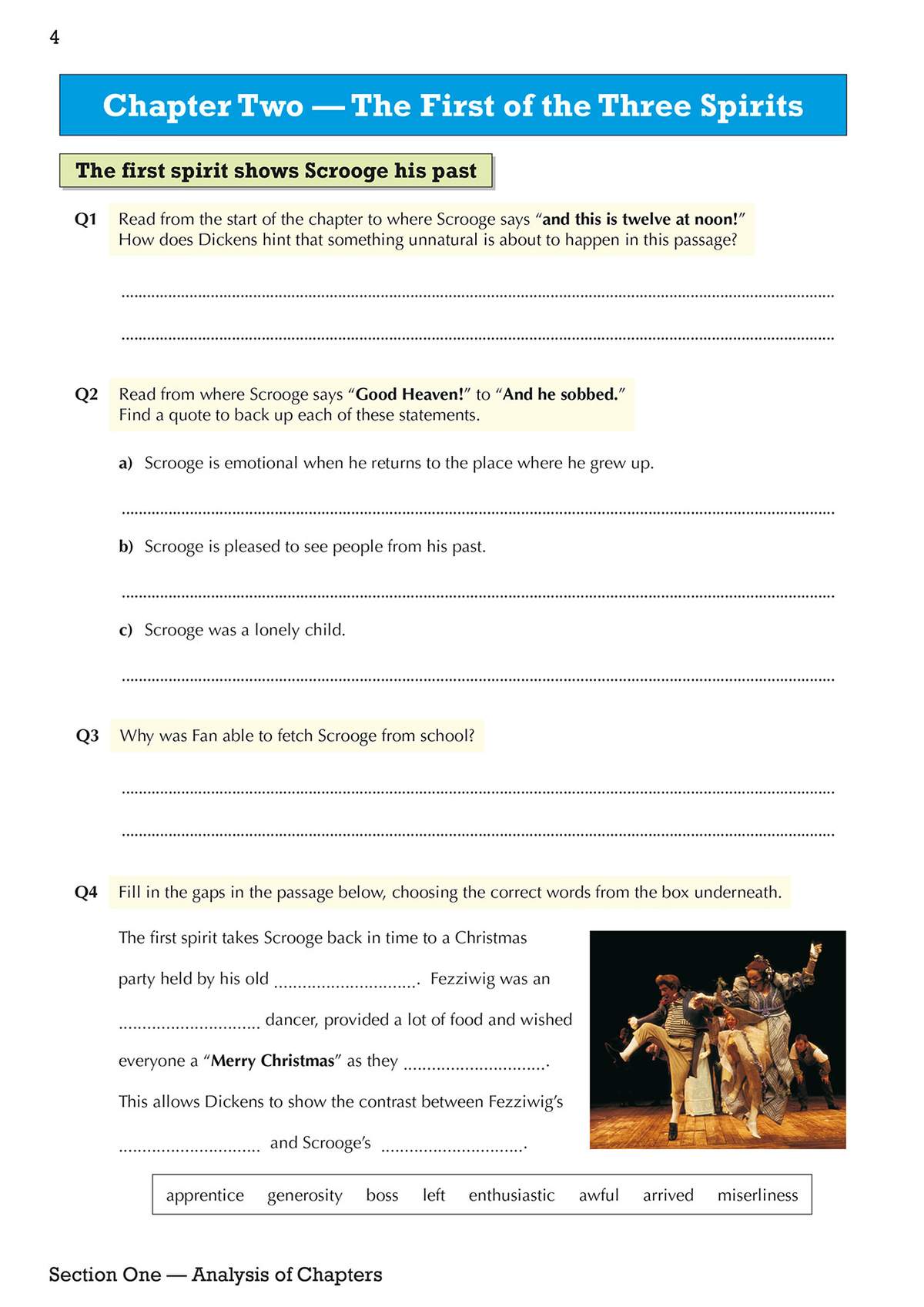Four questions on Chapter Two of A Christmas Carol, including reading for evidence and a gap-fill using a word box
