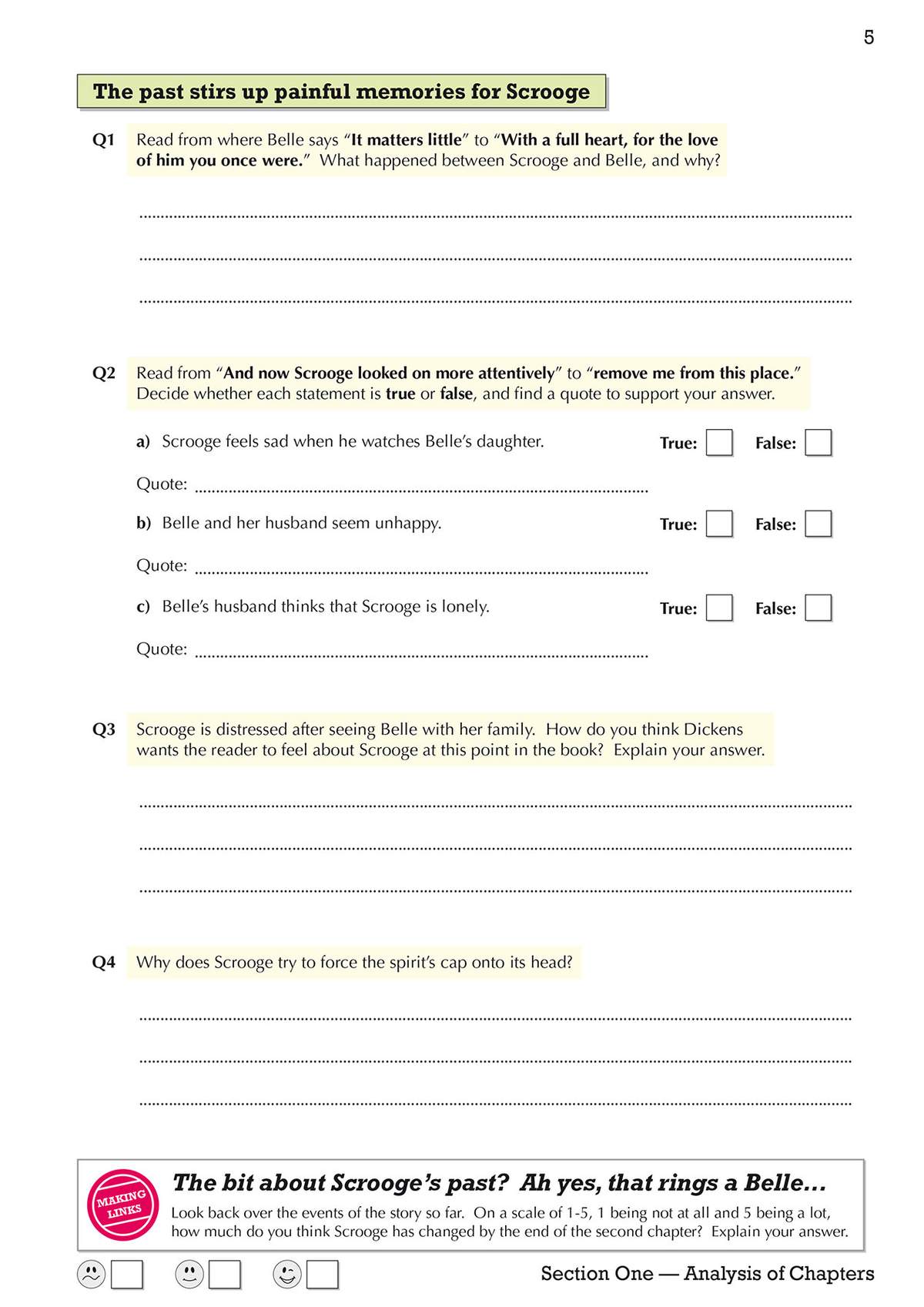 Students answer four questions about Scrooge's past, including a short essay, true/false statements with quotes