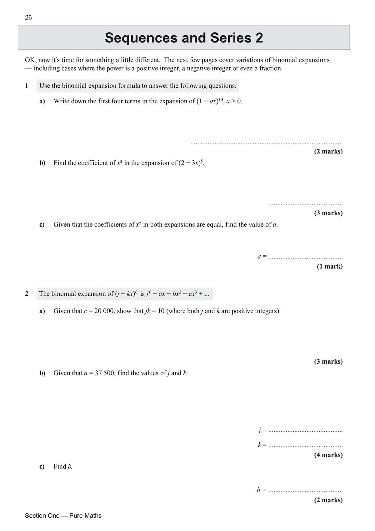 Six questions on binomial expansions, including finding coefficients and solving for unknowns