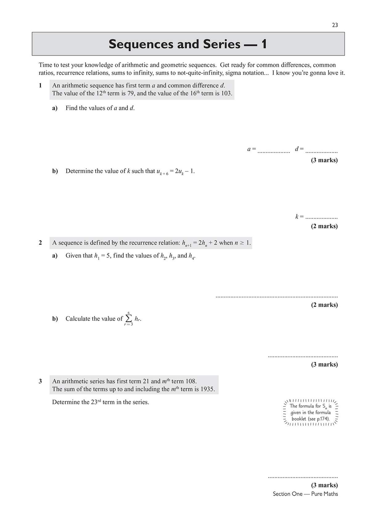 Three questions on arithmetic and geometric sequences, requiring students to find values and calculate sums