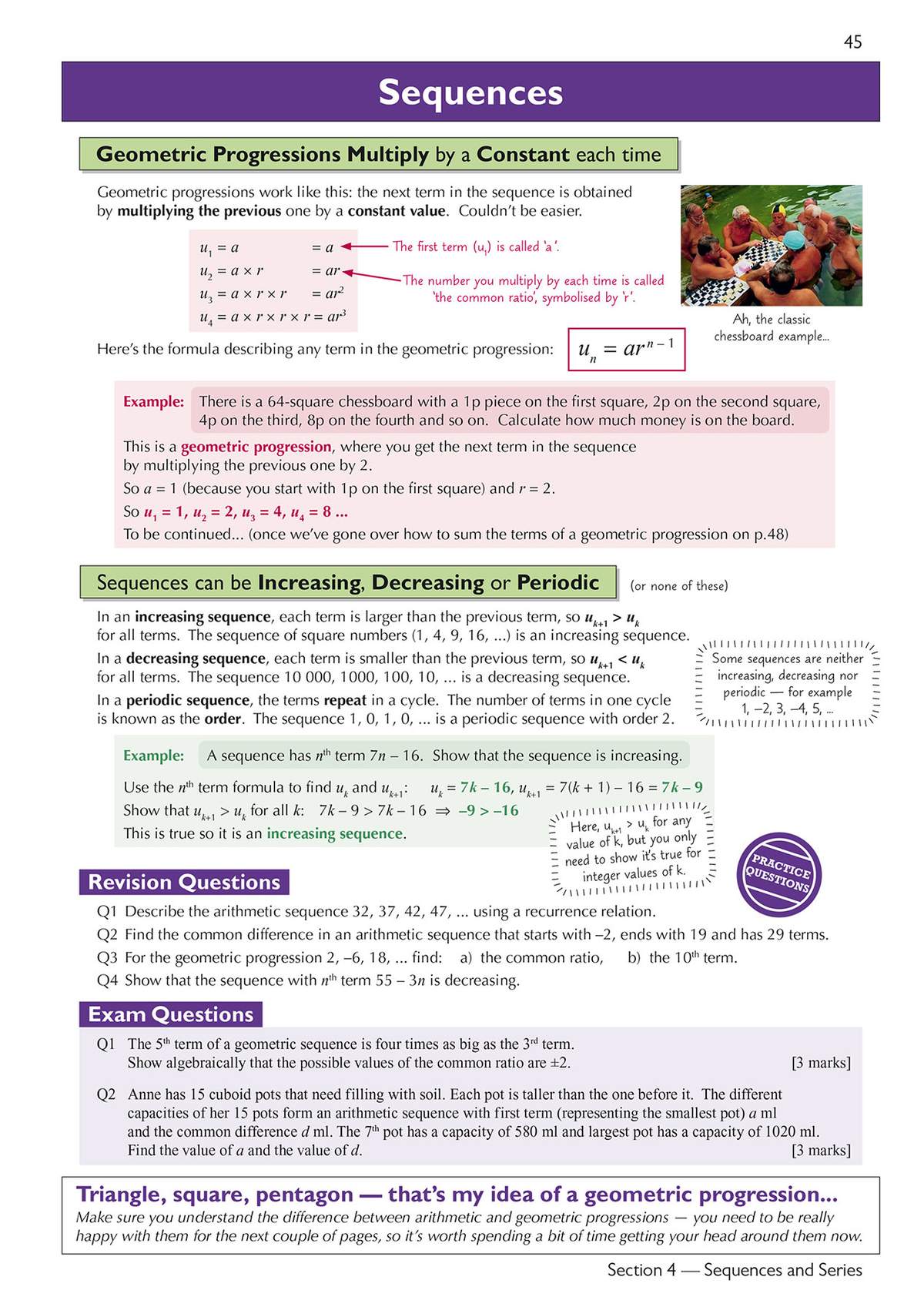 Clear notes on geometric and arithmetic sequences, with worked examples and practice questions to test understanding