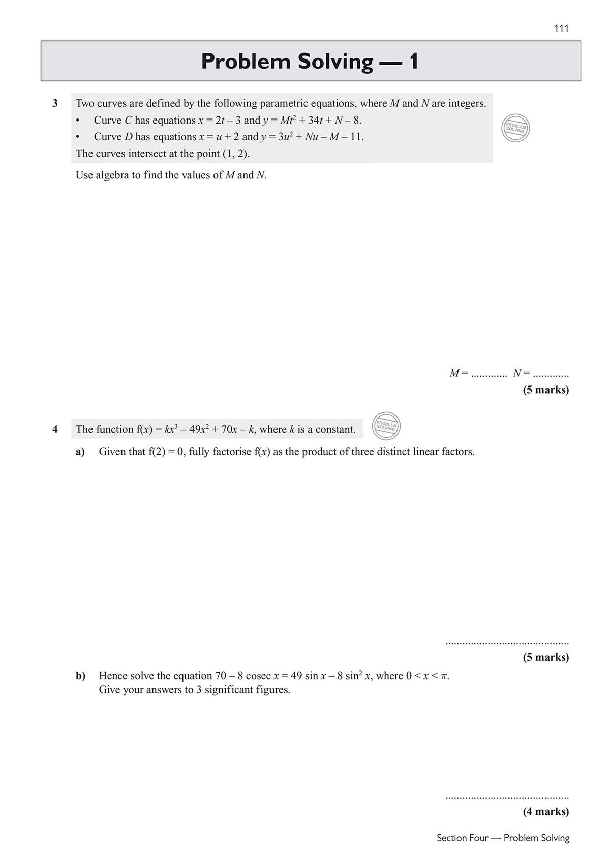 Two algebra problems on parametric curves and factorising a cubic function, with space to write answers