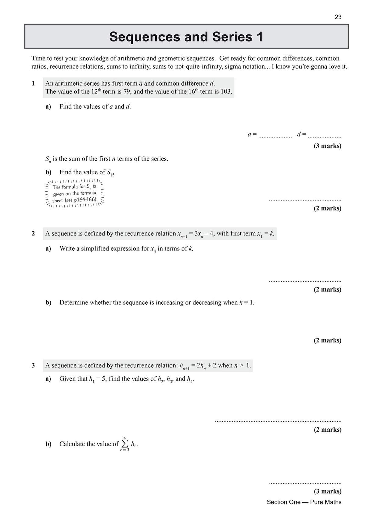 Six questions on arithmetic and geometric sequences, including finding terms, sums, and recurrence relations