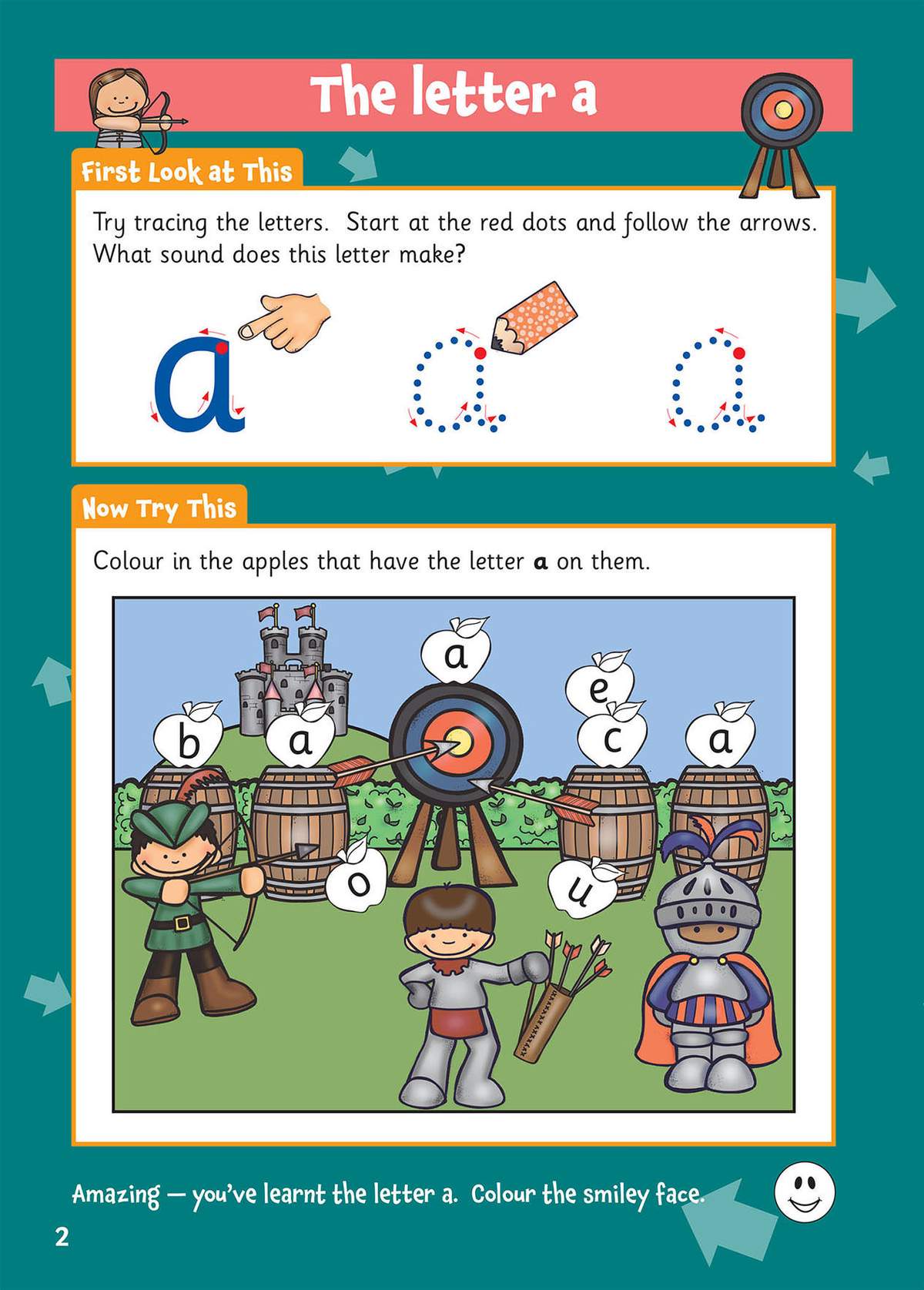 Children trace the letter a, colour apples with the letter a, and colour a smiley face to finish