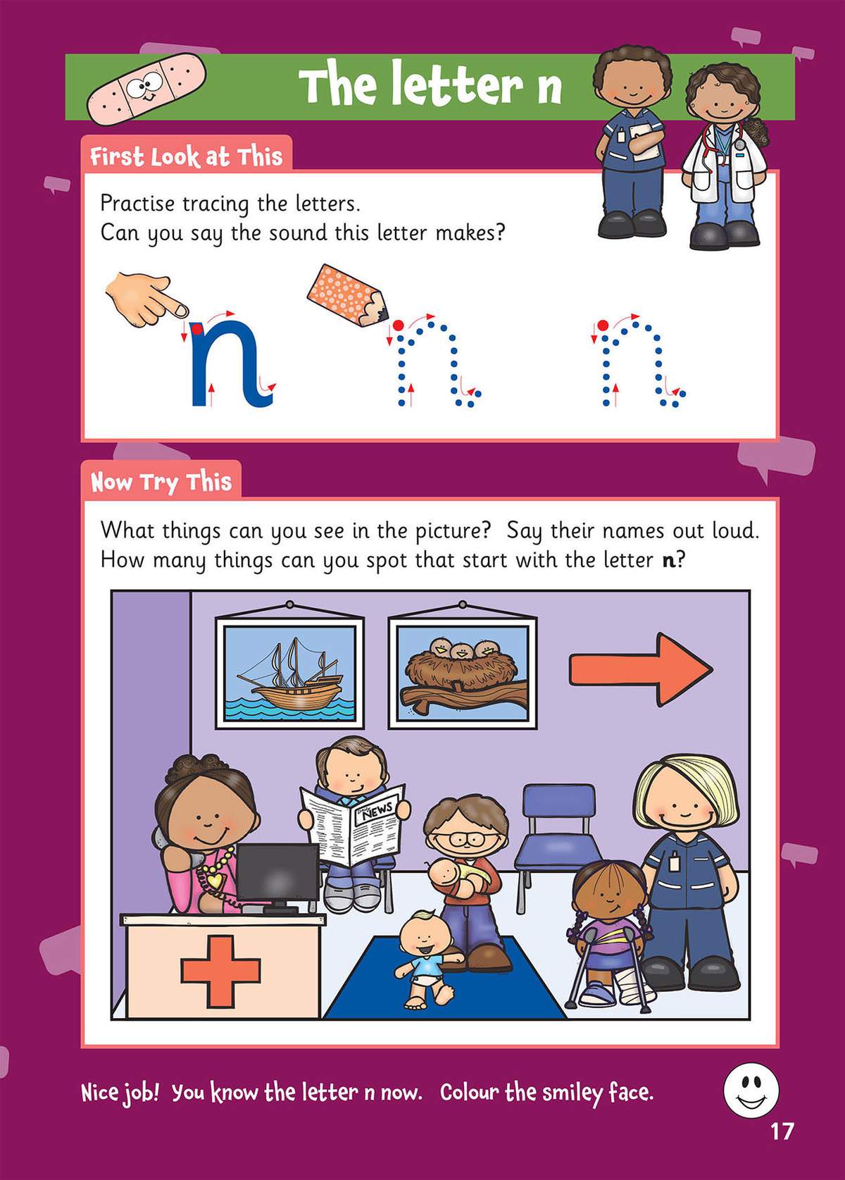 Children trace the letter n, spot words starting with n in a hospital scene, and colour a smiley face