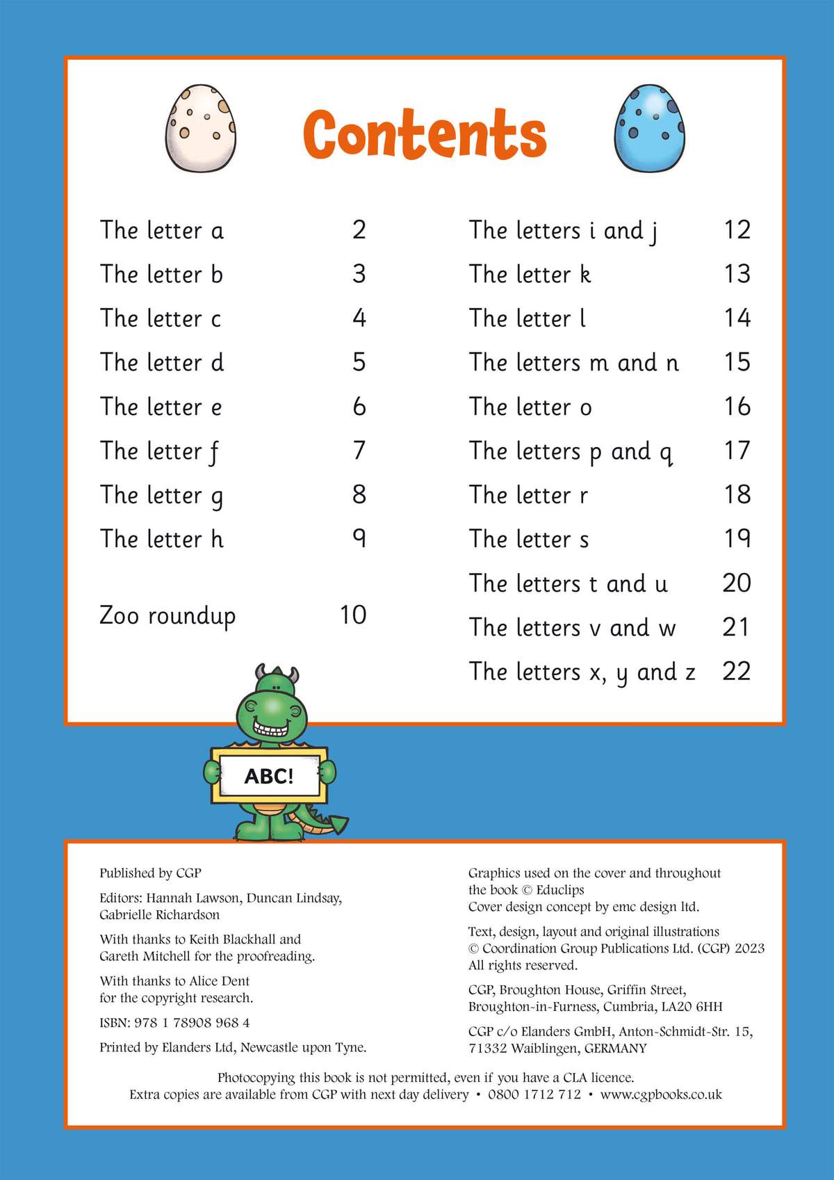 A contents page listing letter topics and a zoo roundup, with page numbers and a cartoon dragon illustration