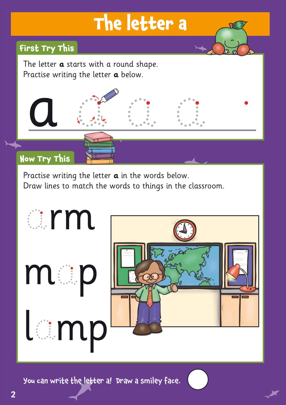 Children trace the letter a, write it in words, match words to pictures and draw a smiley face