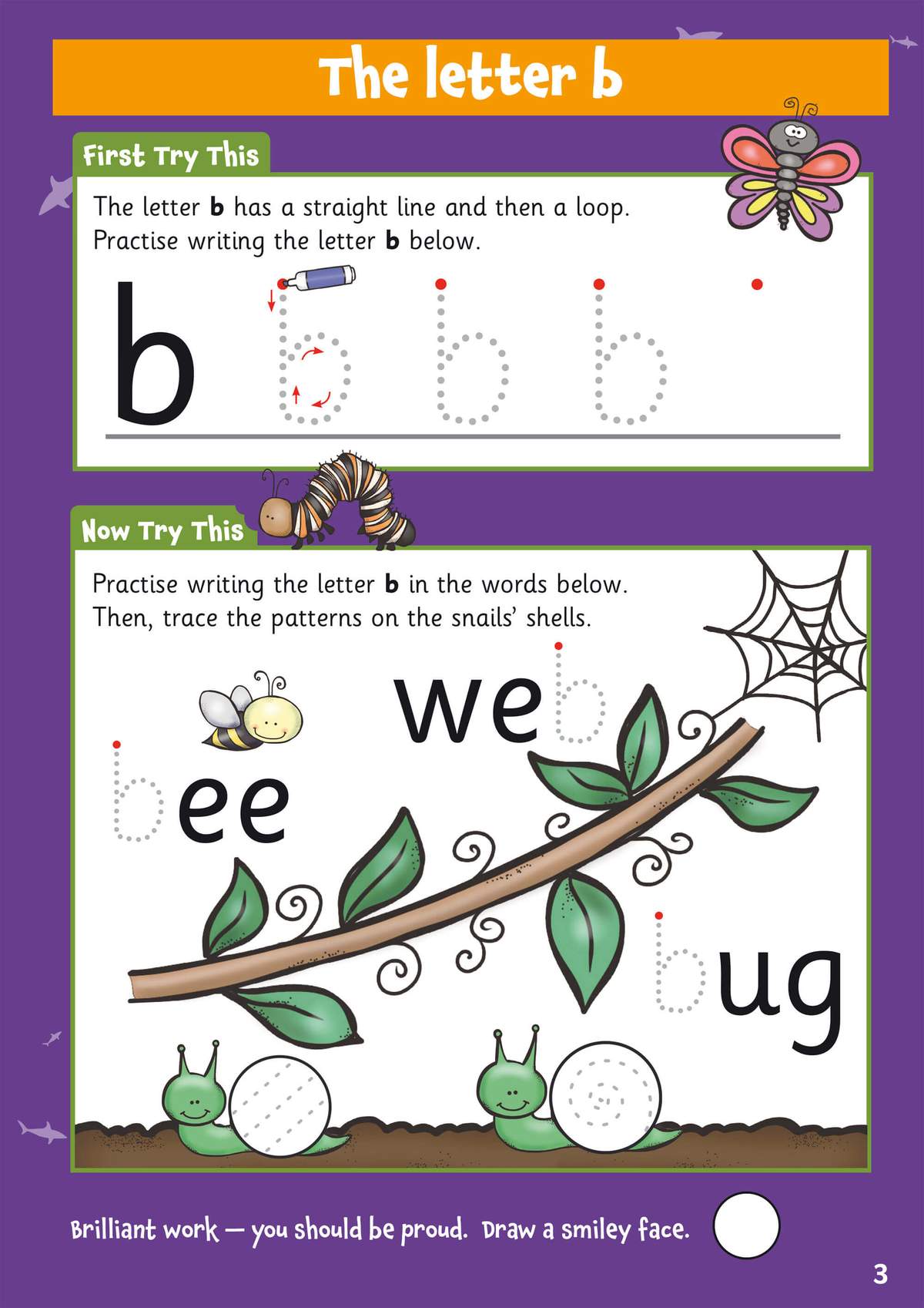 Children trace the letter b, write it in words like 'bee' and 'bug', and draw a smiley face to finish