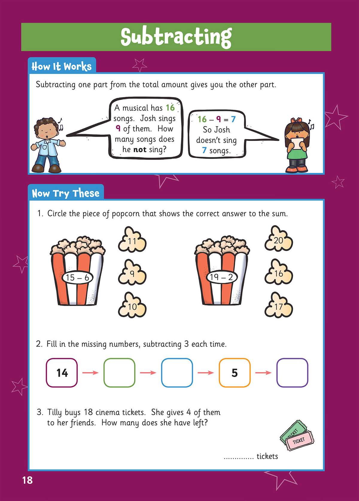 A page teaching subtraction with a musical example, followed by three exercises involving circling answers