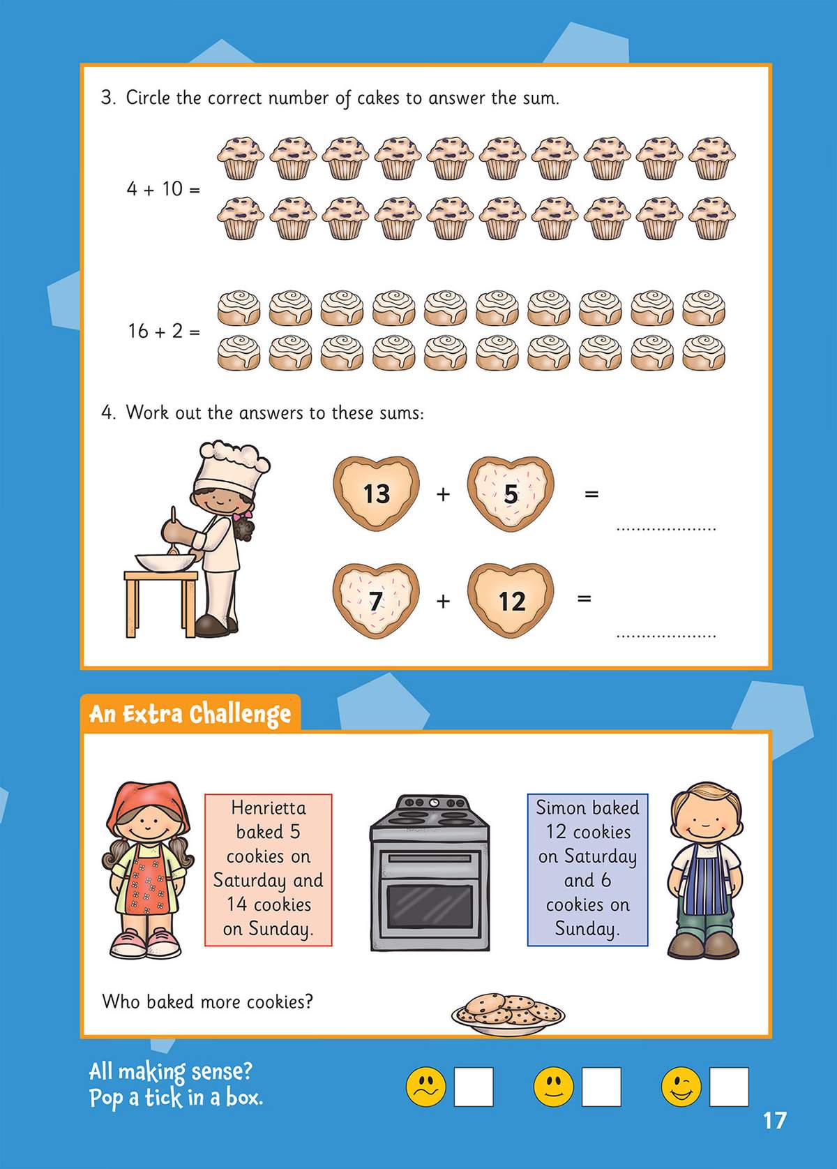 Children circle cakes to solve sums, calculate totals from heart-shaped biscuits