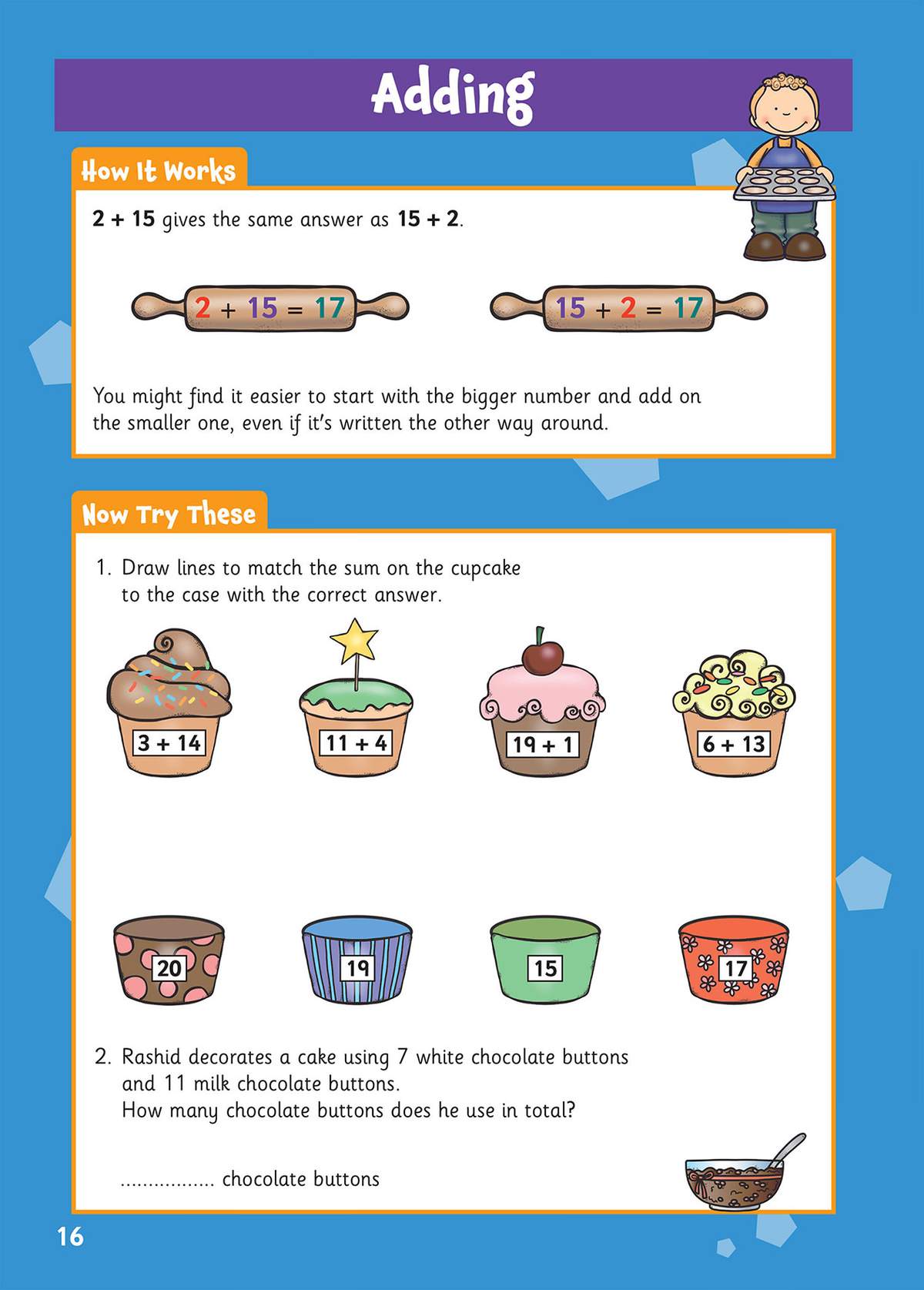 Children match sums on cupcakes to answer cases, then solve a word problem about chocolate buttons