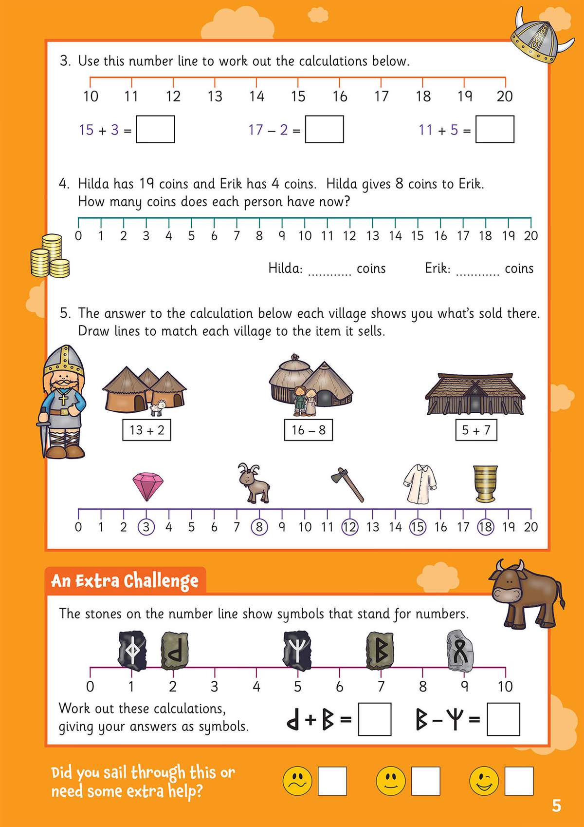 Children use number lines to solve addition and subtraction problems, match villages to items, and decode rune symbols