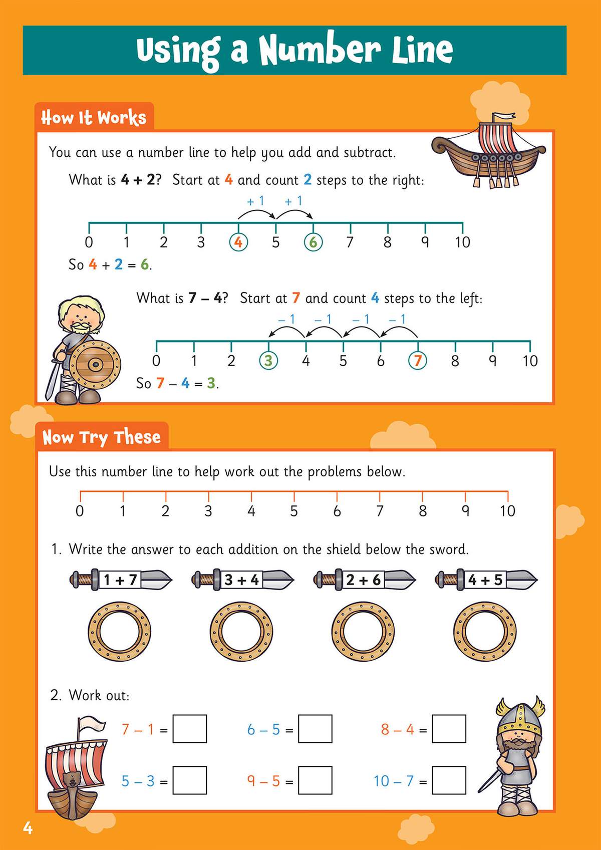 Children learn to use a number line for addition and subtraction, then solve six problems using shields and boxes