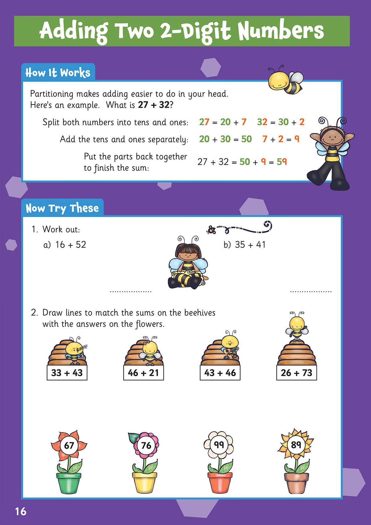 A page teaching partitioning to add two-digit numbers, followed by practice sums and a matching activity with bees