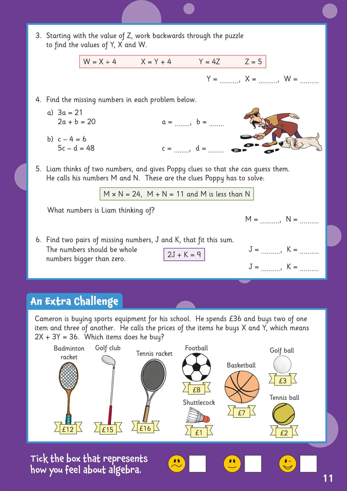 Children solve algebra puzzles involving variables and equations, including a word problem about buying sports equipment