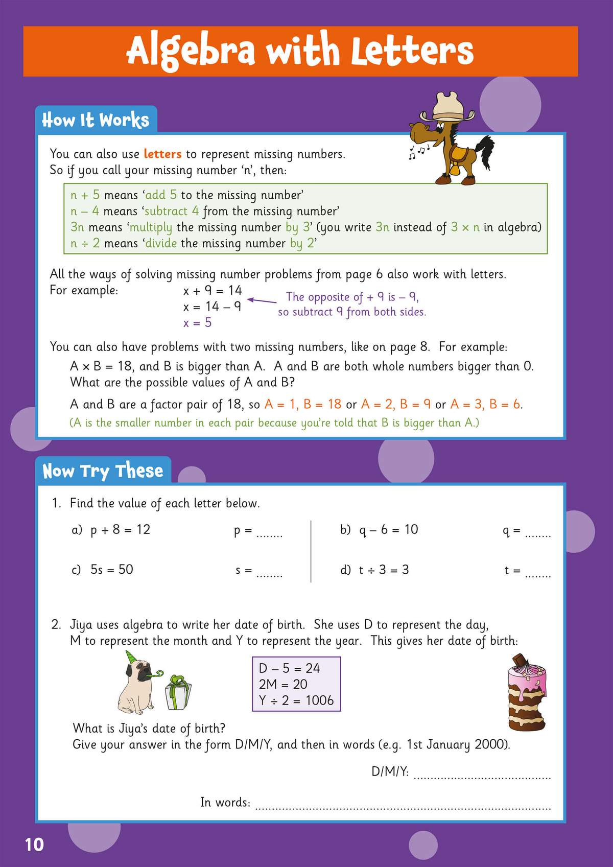 A page teaching how to use letters for missing numbers, followed by six questions to find values and solve a date problem