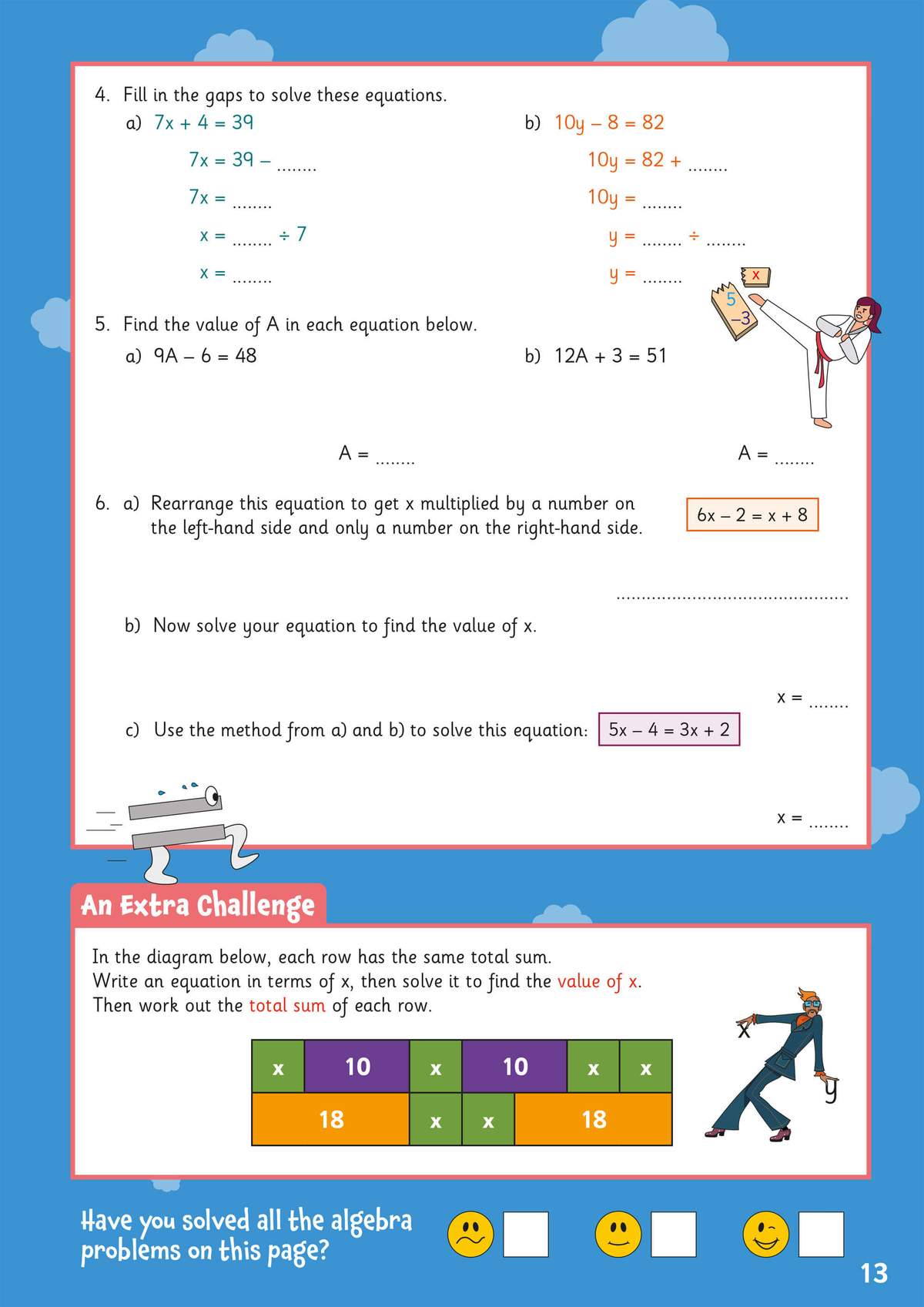 Children solve six algebra problems, including rearranging equations and finding the value of x