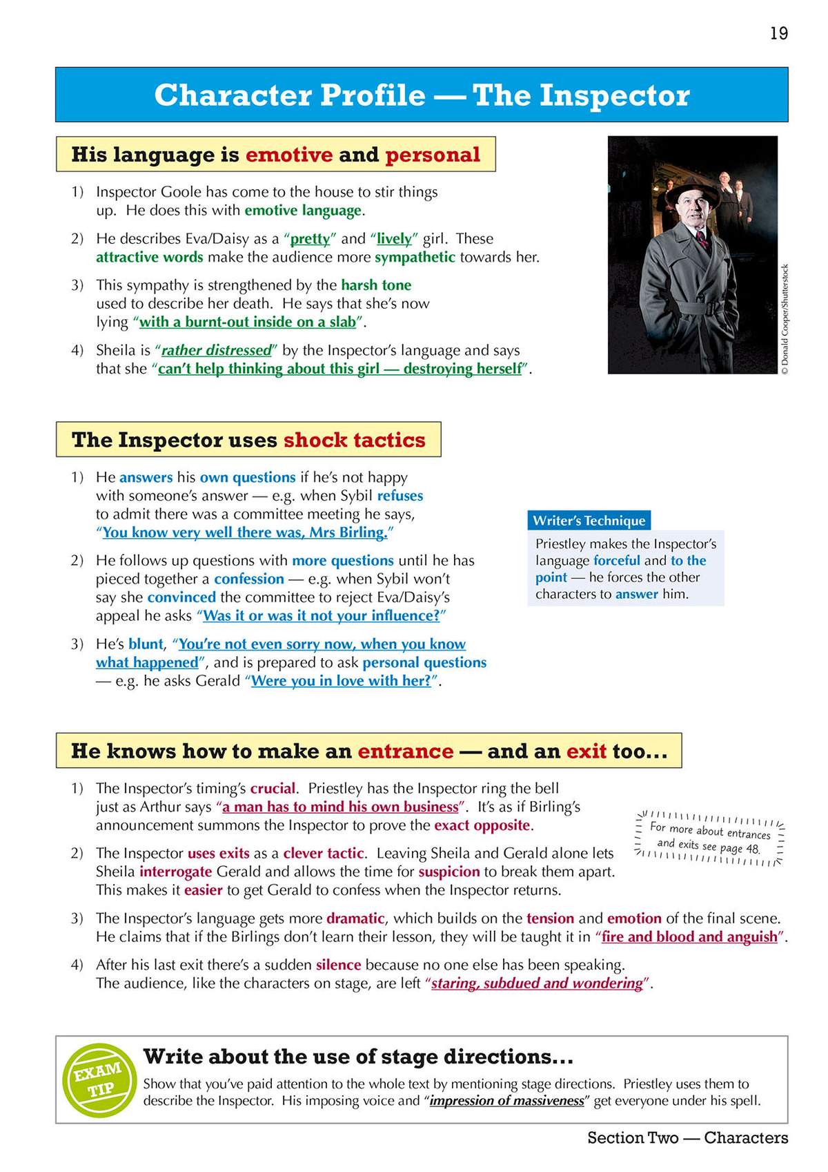 A page explaining the Inspector's emotive language and shock tactics, with a writing task on stage directions