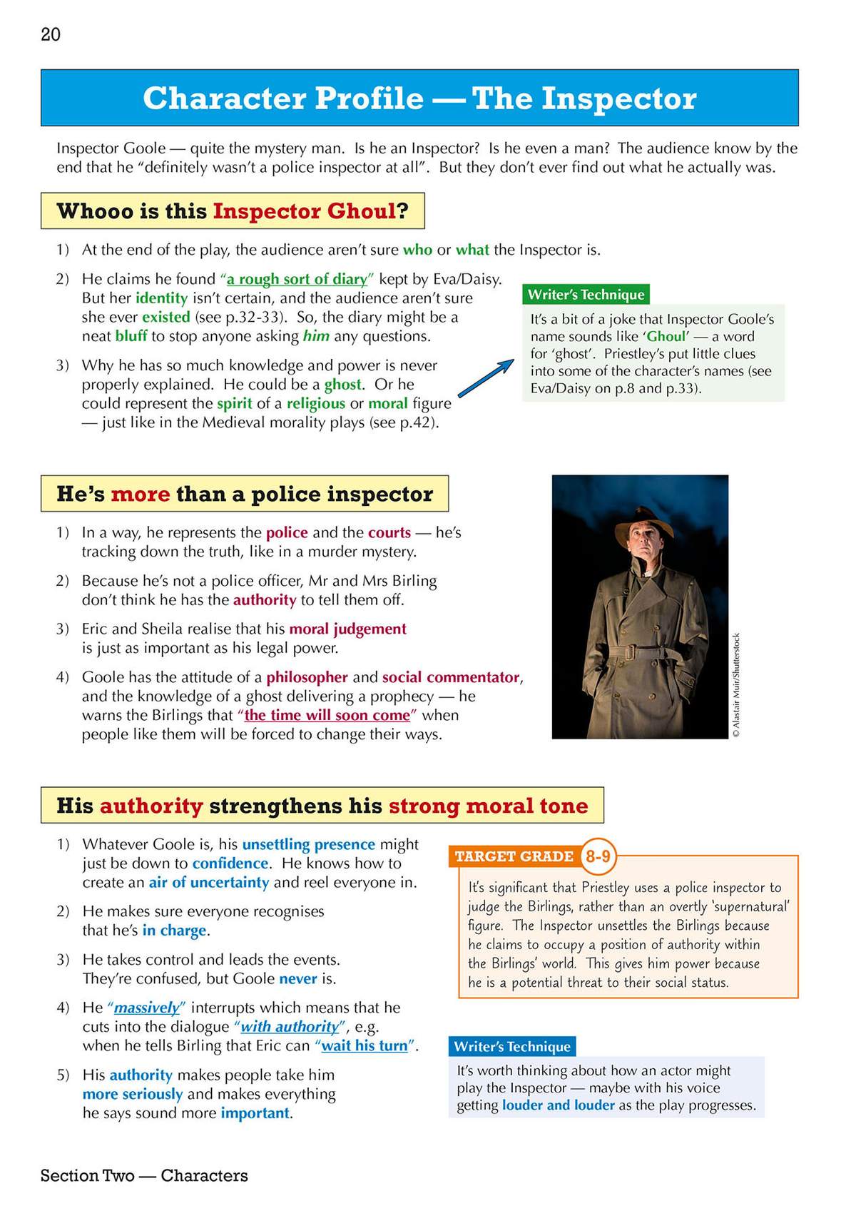 Notes explain the Inspector's mysterious identity, moral authority, and role as a social commentator in Priestley's play