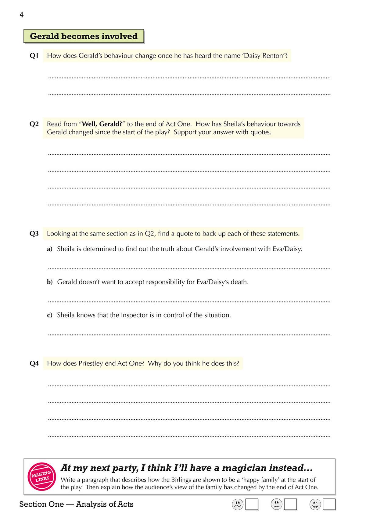 Four questions on Gerald's involvement and Sheila's behaviour, plus a paragraph task on the Birlings' 'happy family' image