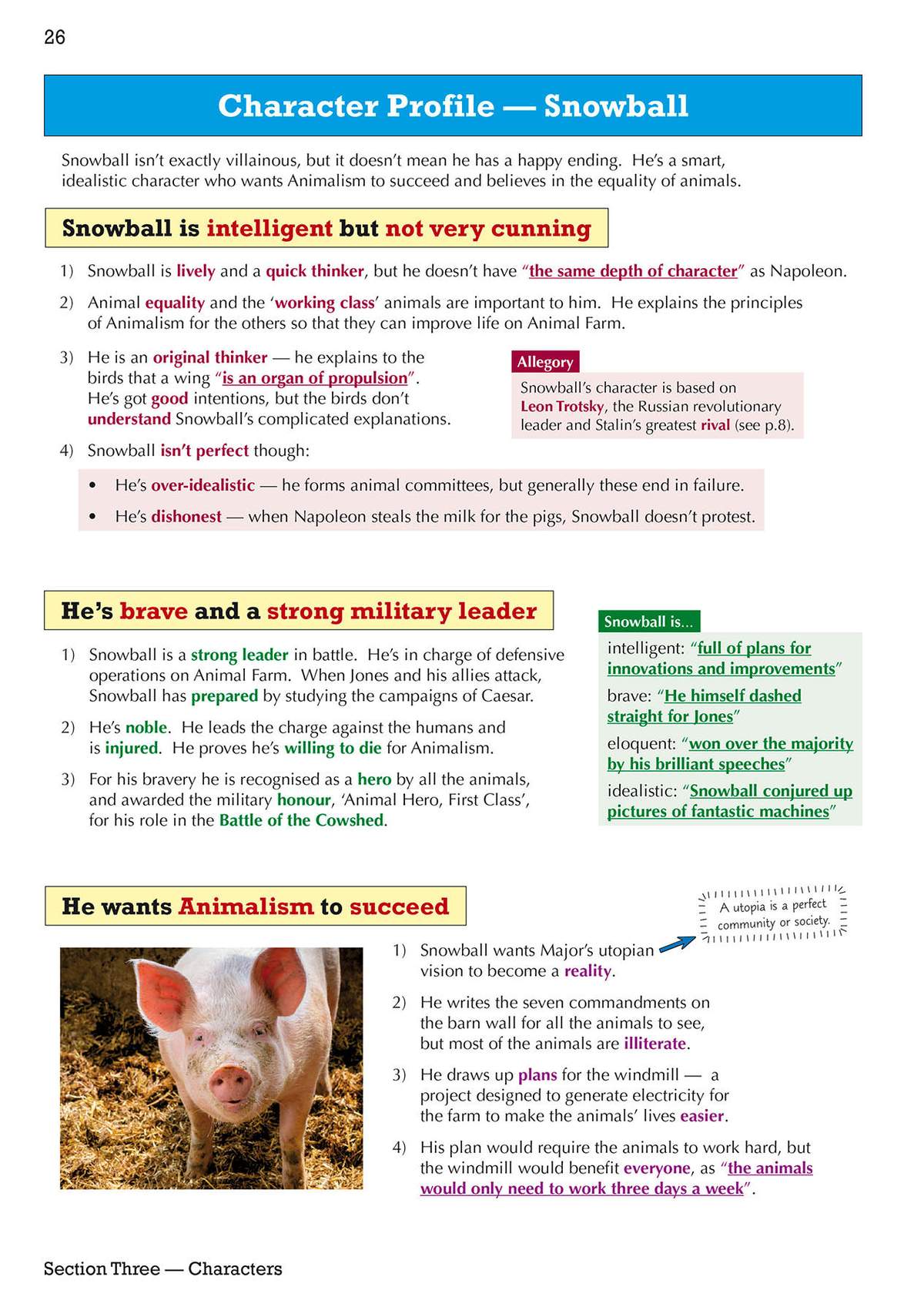 A detailed breakdown of Snowball's character, covering his intelligence, bravery, and idealism, supported by a photo of a pig