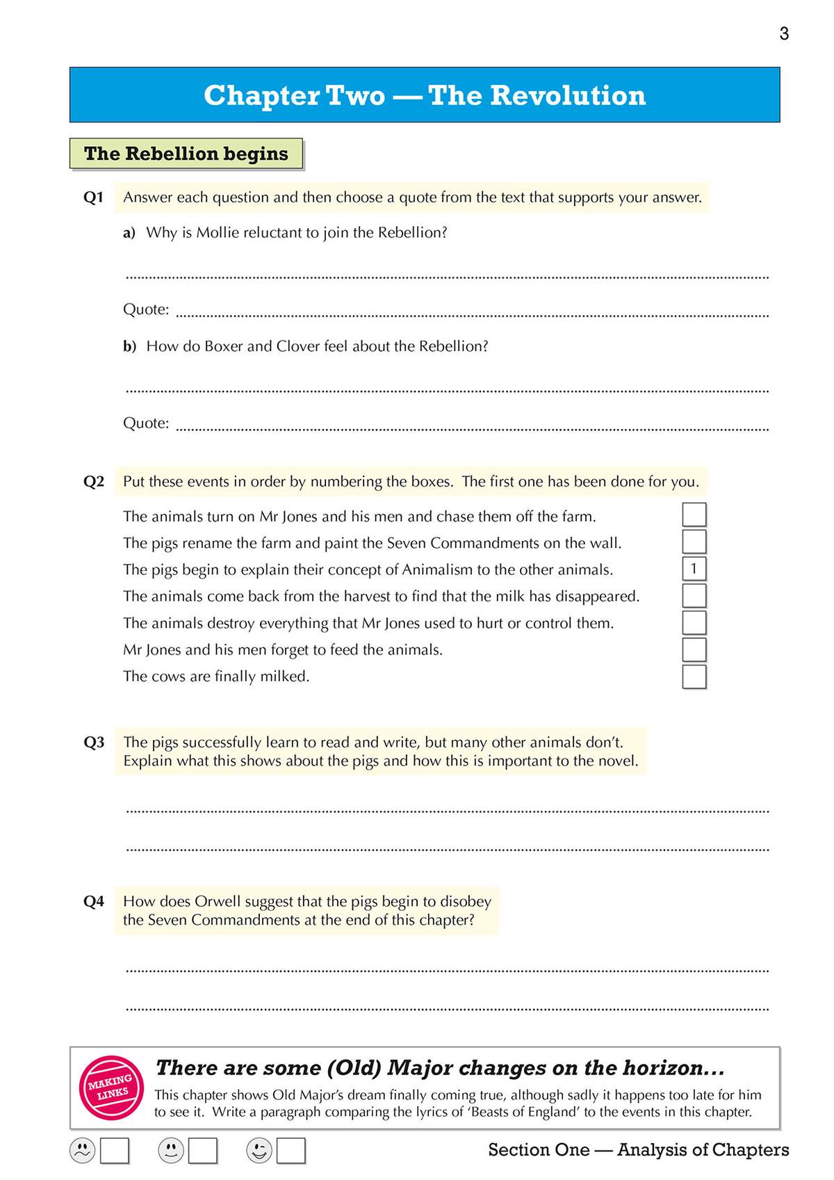 Students answer four questions about Chapter Two of Animal Farm, including ordering events and writing paragraphs