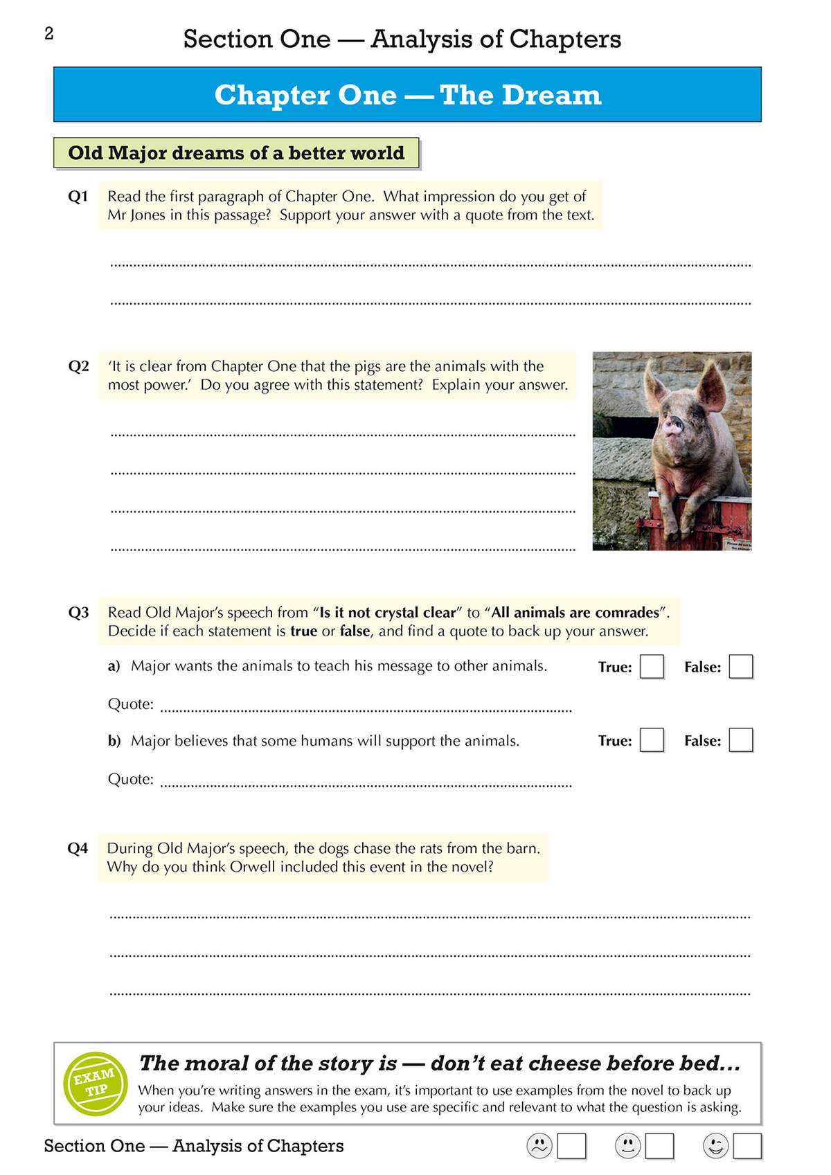Students analyse Chapter One of Animal Farm, answering questions about characters, themes, and Orwell's writing choices