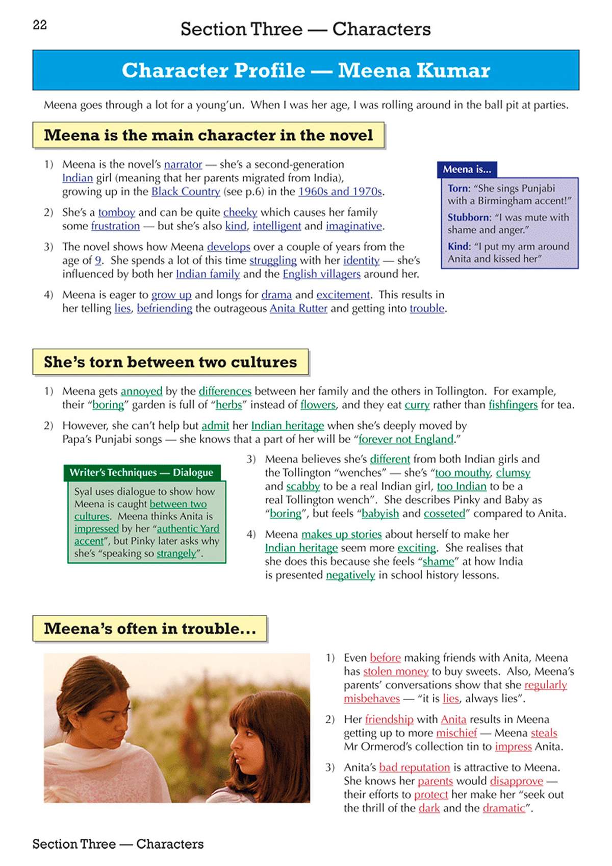 Detailed notes on Meena Kumar's background, traits and conflicts, with a photograph of the two main characters