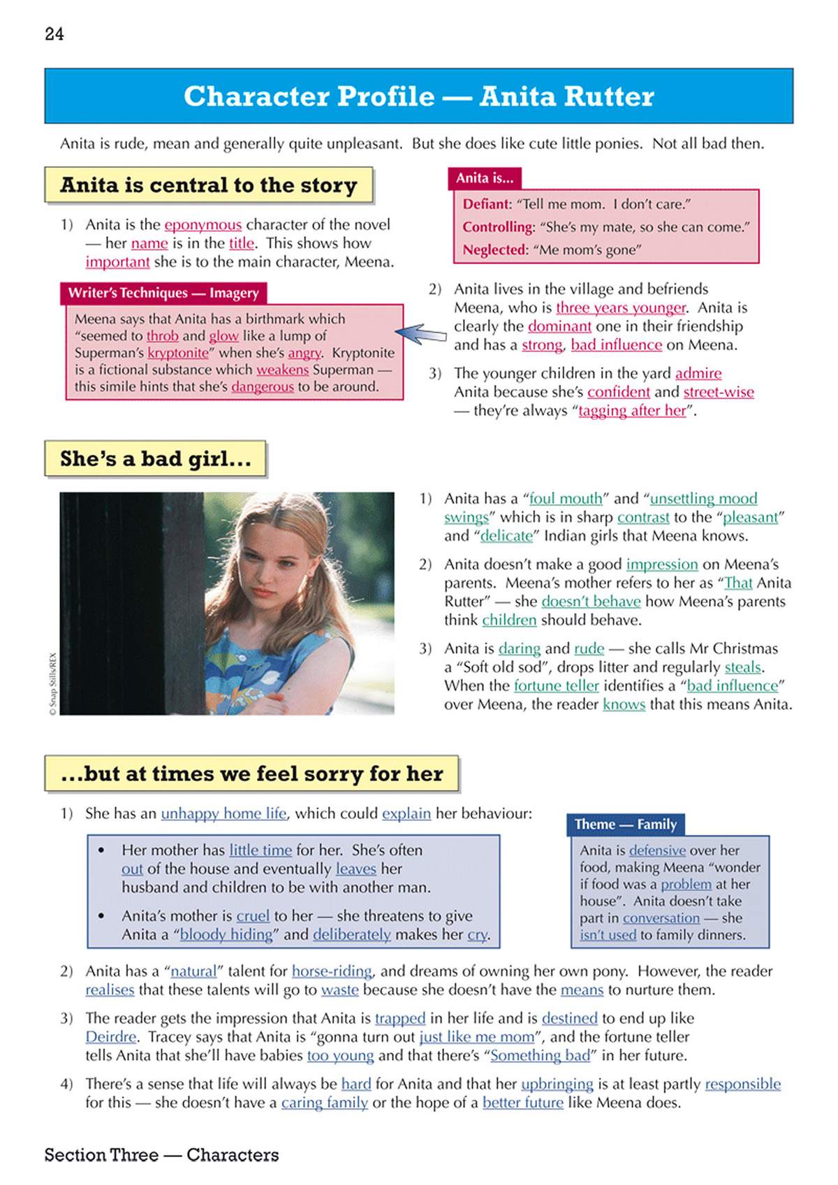 A detailed character profile of Anita Rutter, analysing her traits, writer techniques, and family background