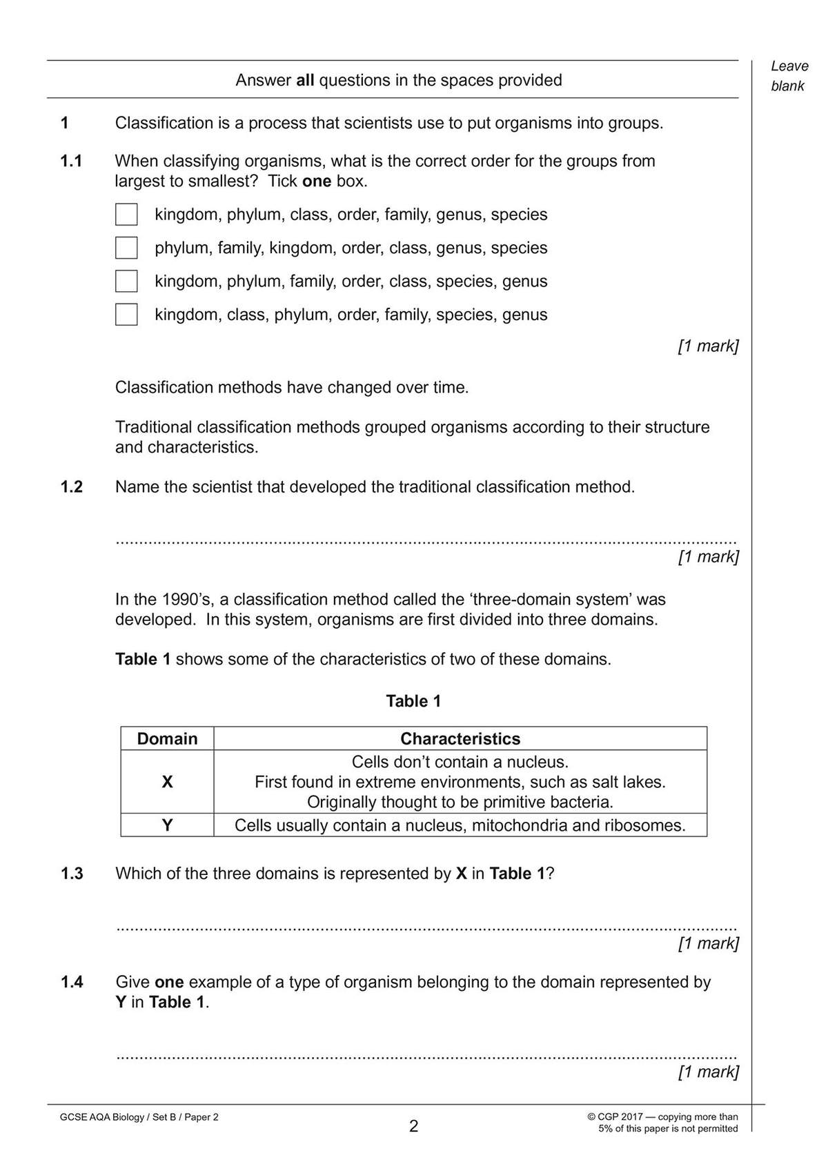 A biology question page on classification, featuring a multiple-choice question on taxonomic order and short-answer