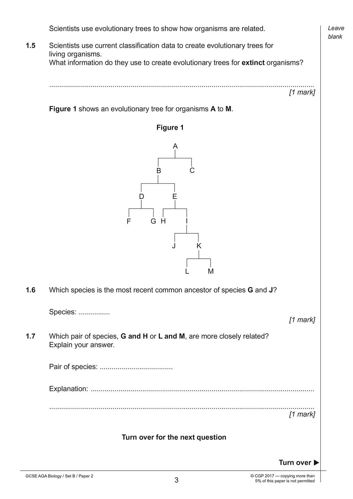 Three short questions on evolutionary trees, including one requiring an explanation of relationships between species