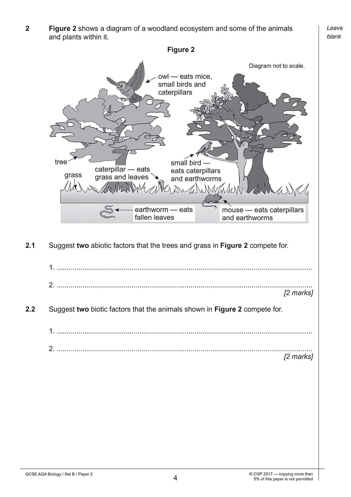 A diagram of a woodland ecosystem is shown, followed by two short questions asking for abiotic and biotic factors