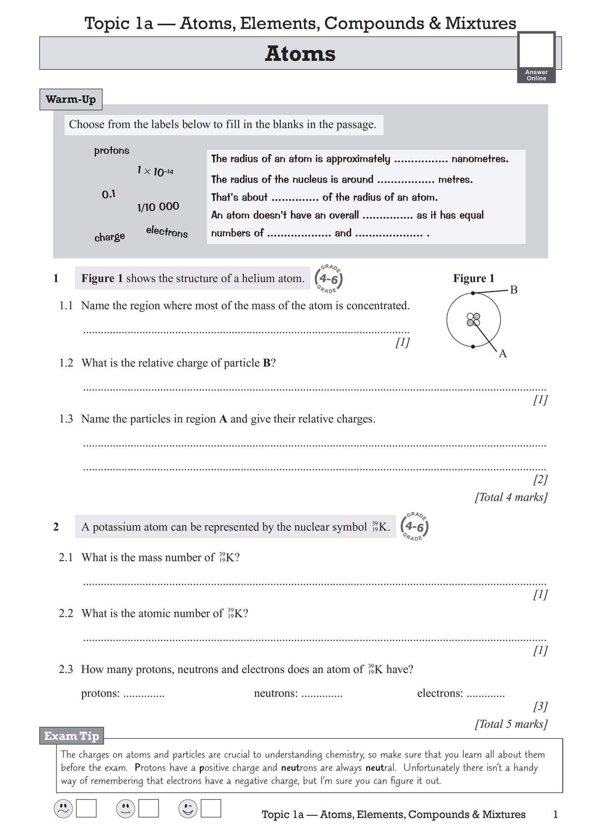 Students fill in blanks about atomic size, label a helium atom diagram, and calculate protons