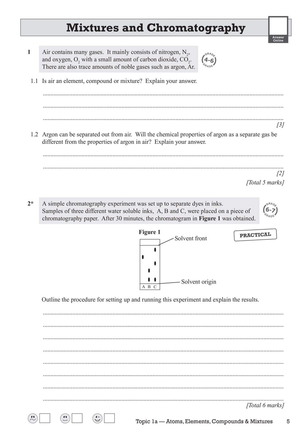 Students explain air composition and outline a chromatography experiment, with a diagram to interpret