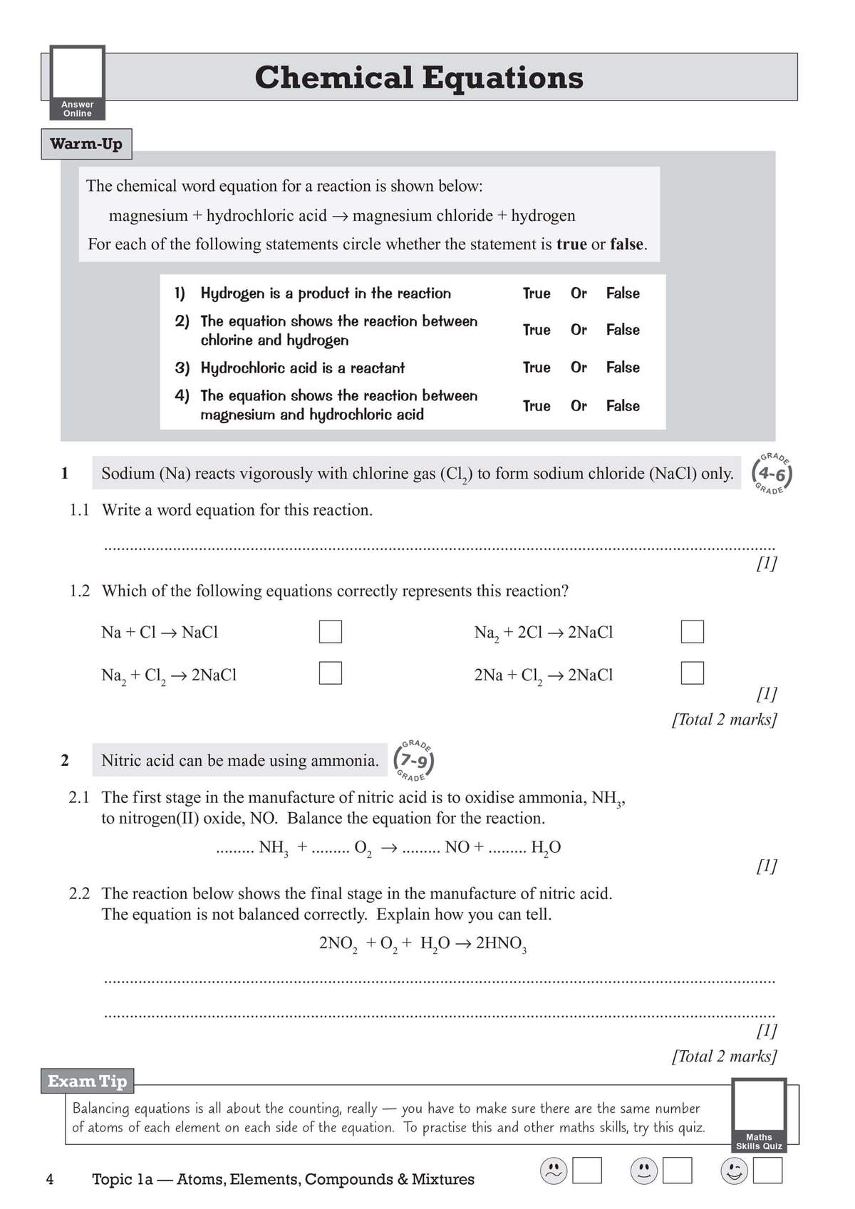 Students balance chemical equations and write word equations, with a warm-up on true/false statements and an exam tip