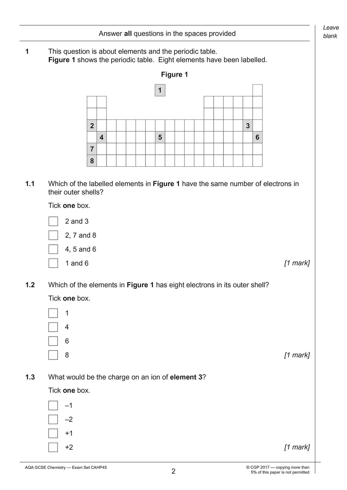 A multiple-choice question page on the periodic table, asking students to identify electron shells and ion charges