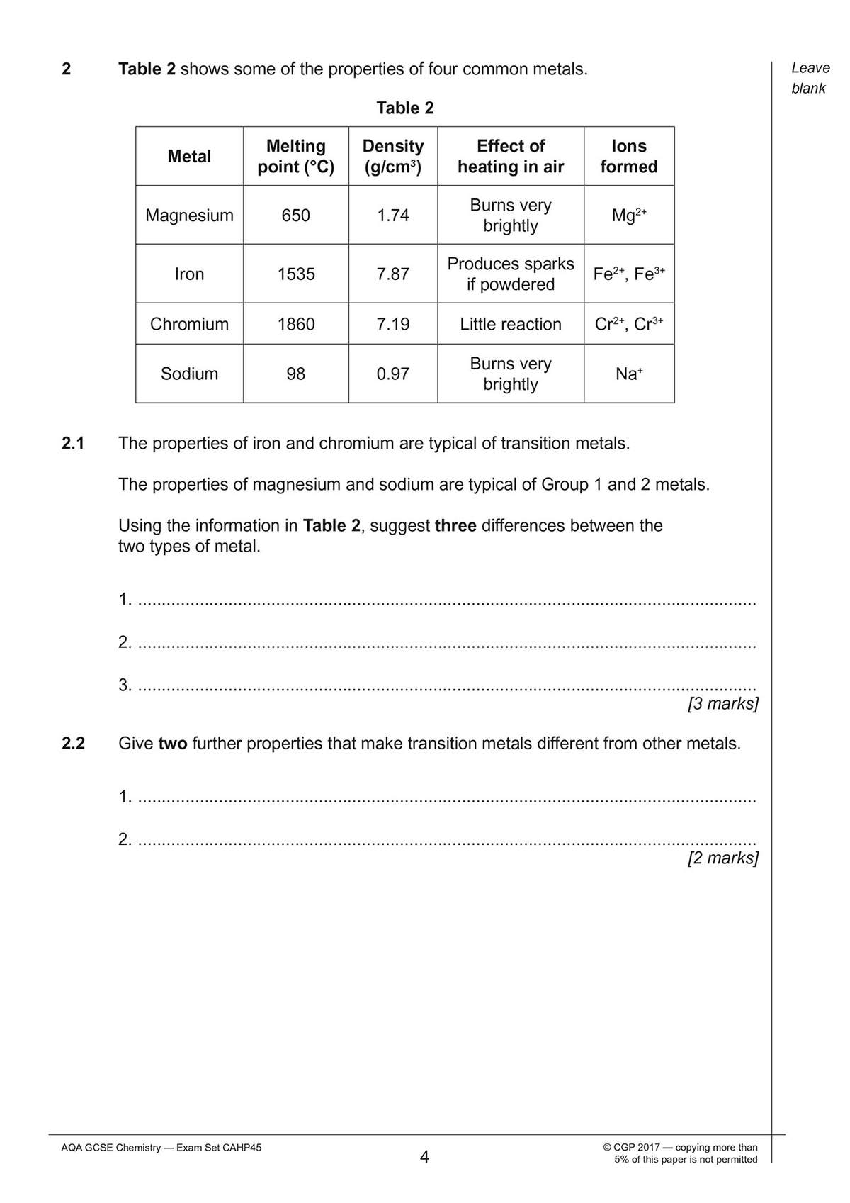 Students use a table of metal properties to suggest differences between transition and Group 1/2 metals