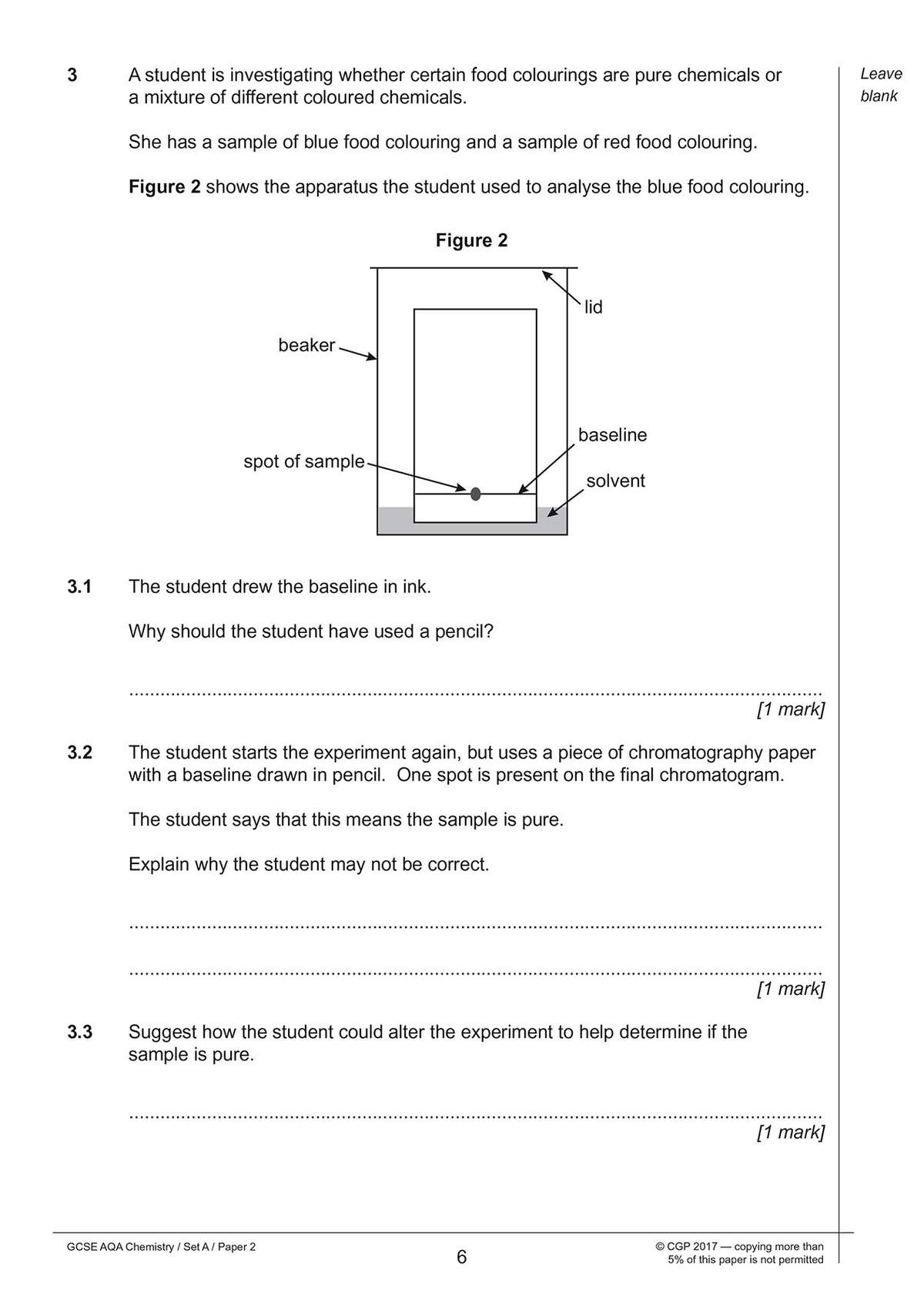 Three short questions on chromatography, including a diagram of the apparatus and a request to explain experimental errors