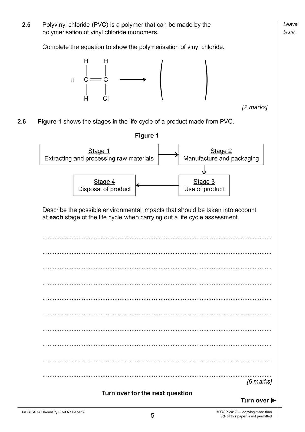 A chemistry question asks students to complete a polymerisation equation and describe environmental impacts at each stage