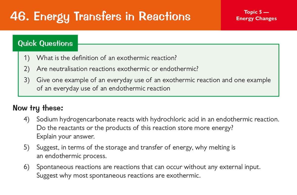 Six questions on energy transfers, including definitions, examples, and explanations of endothermic and exothermic processes