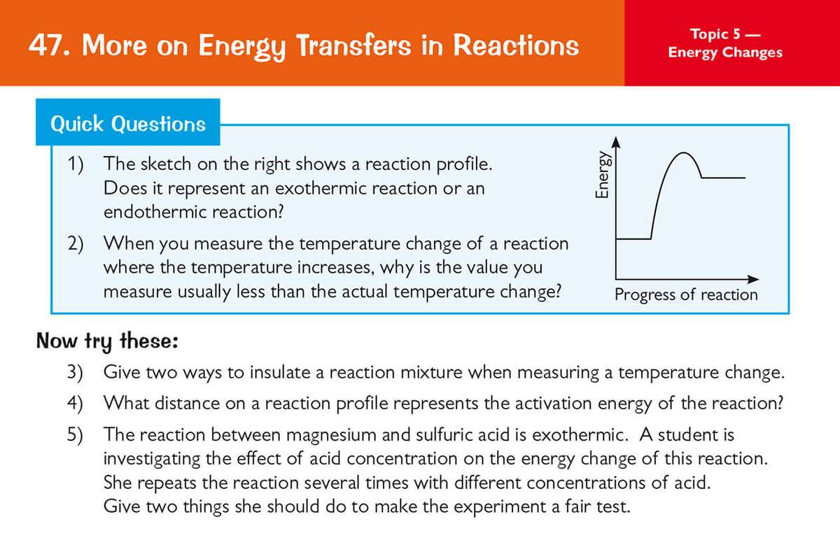 Students answer five questions about reaction profiles, temperature changes, and experimental fairness in chemistry