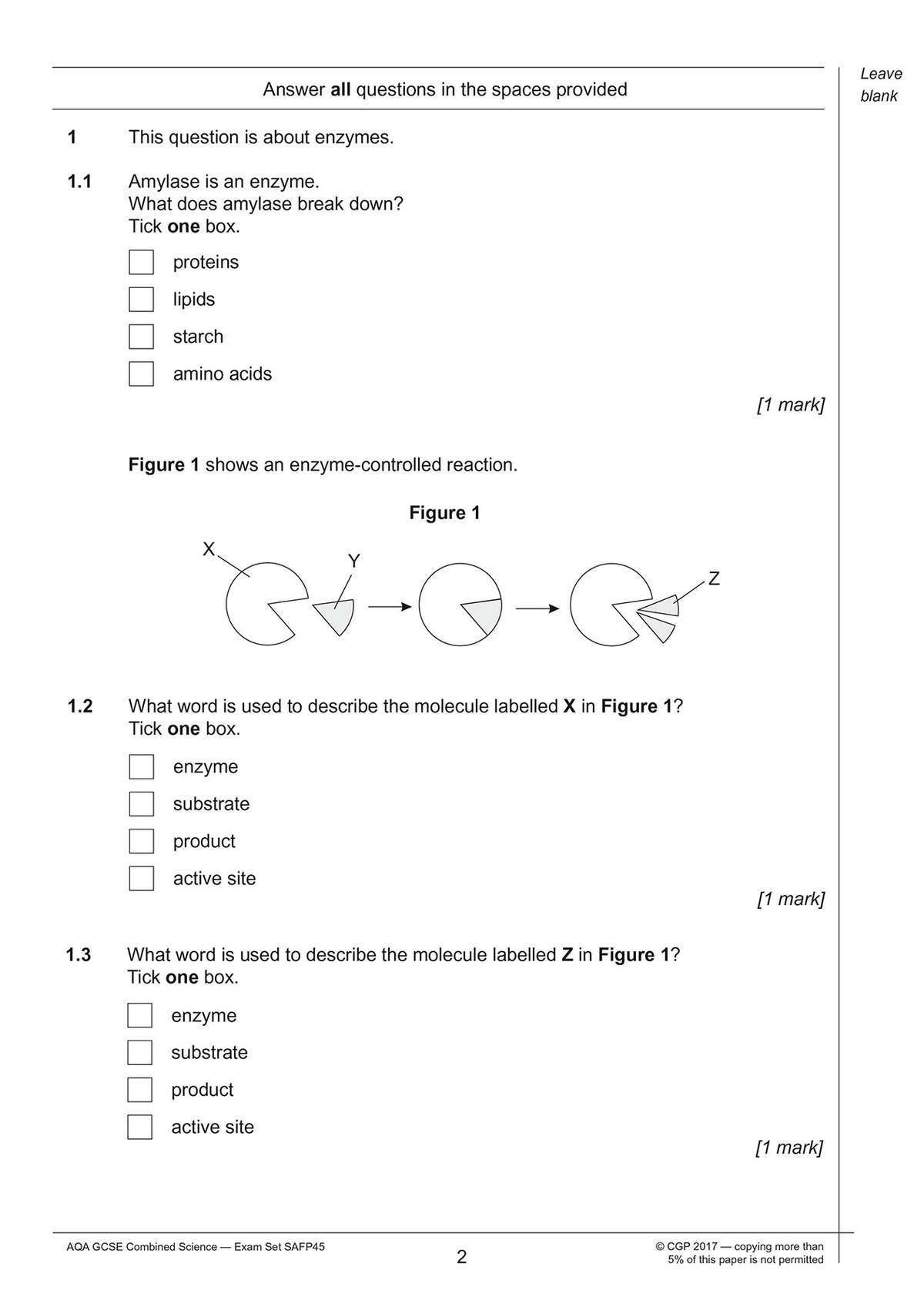 Three multiple-choice questions on enzymes, including a diagram to label the enzyme, substrate and products