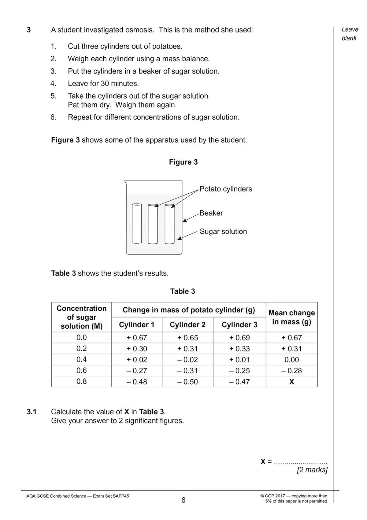 A science question asks students to calculate the mean value of X from a table of osmosis results, giving 2 marks