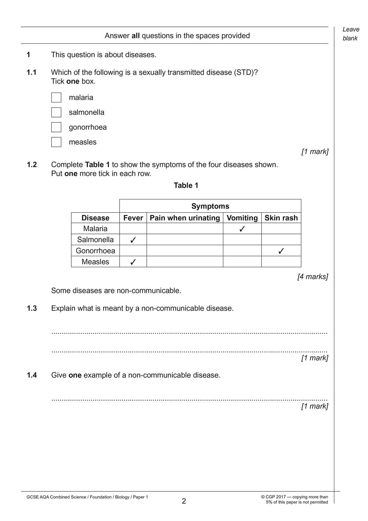 Students tick boxes to identify an STD, complete a table of symptoms, and write short answers about non-communicable diseases
